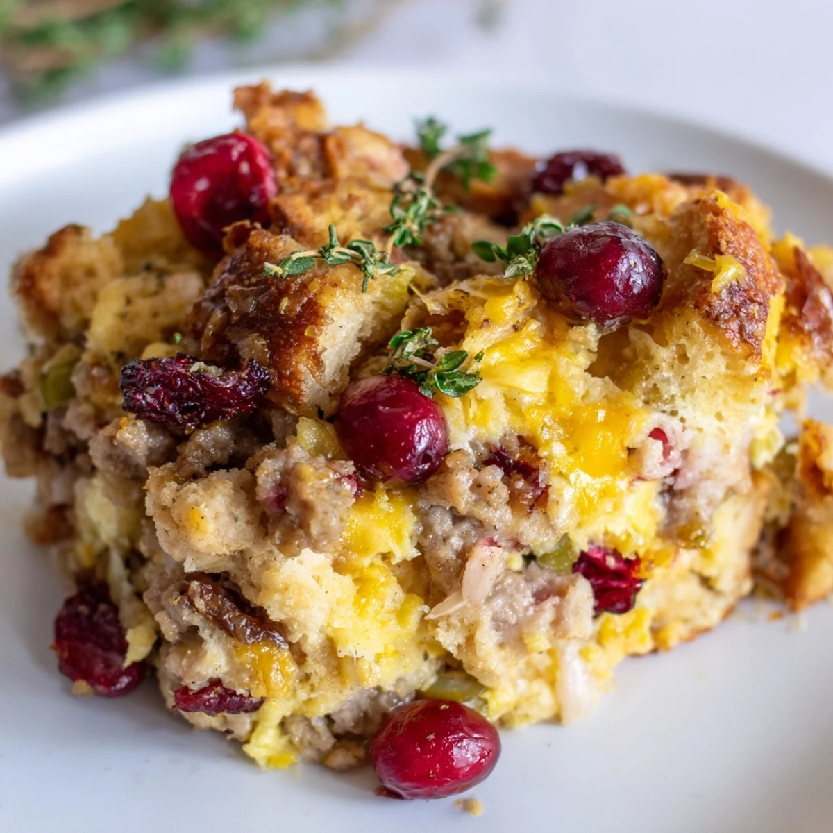 Steaming spoonful of Cranberry Sausage Stuffing Breakfast Casserole dotted with bright red cranberries