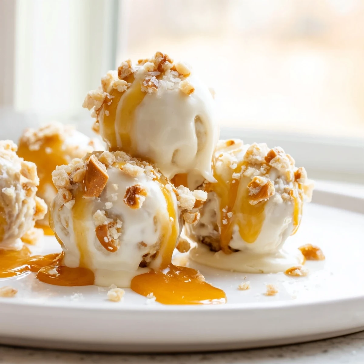Creamy salted caramel pretzel cheesecake balls drizzled with golden caramel on a rustic tray