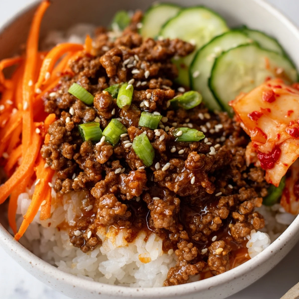 Korean ground beef bowl with glistening sesame seed topping over fluffy white rice