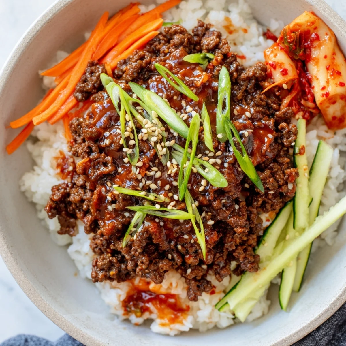 Savory Korean ground beef bowl garnished with fresh julienned carrots and green onions