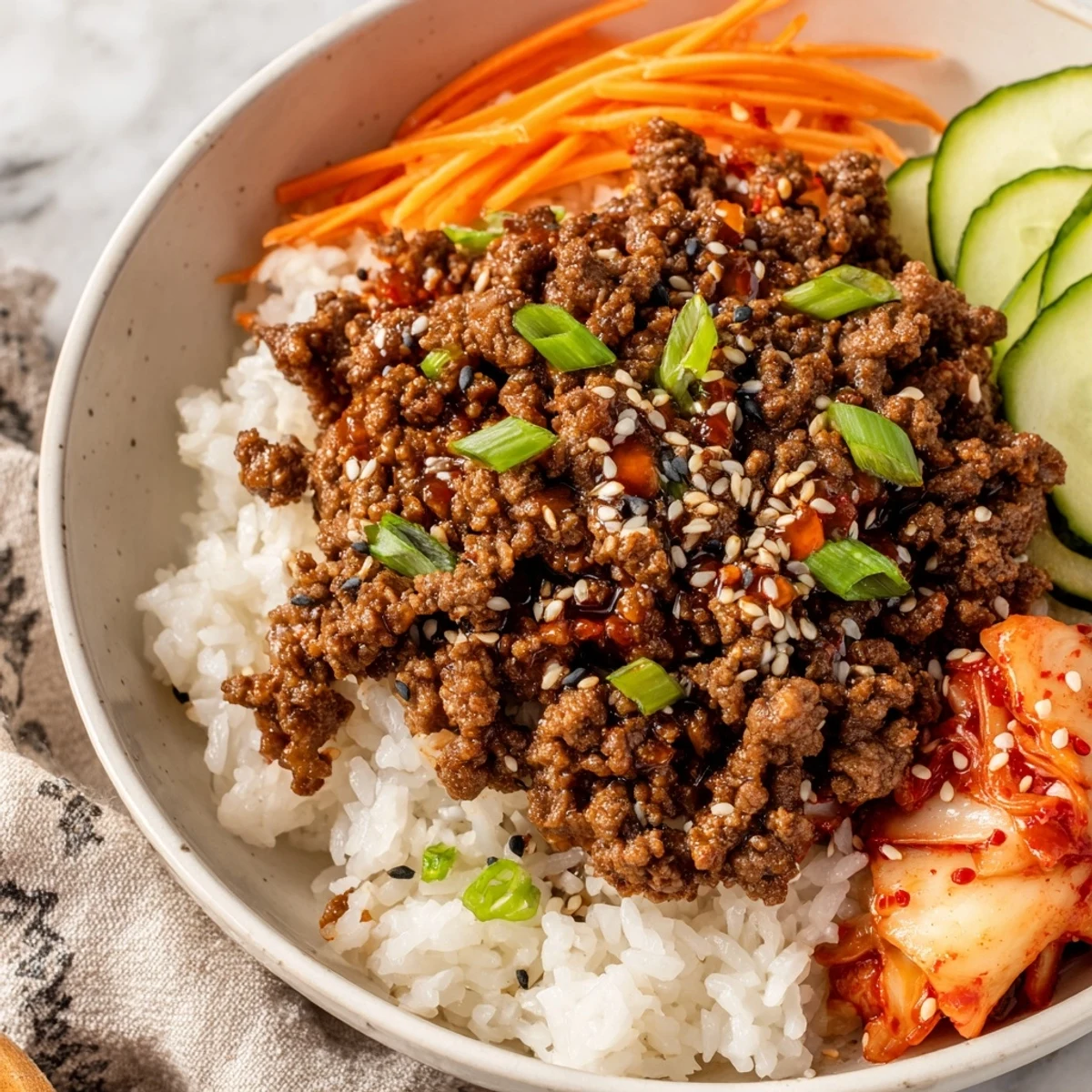 Steaming Korean ground beef bowl drizzled with sweet spicy sauce and crisp cucumber