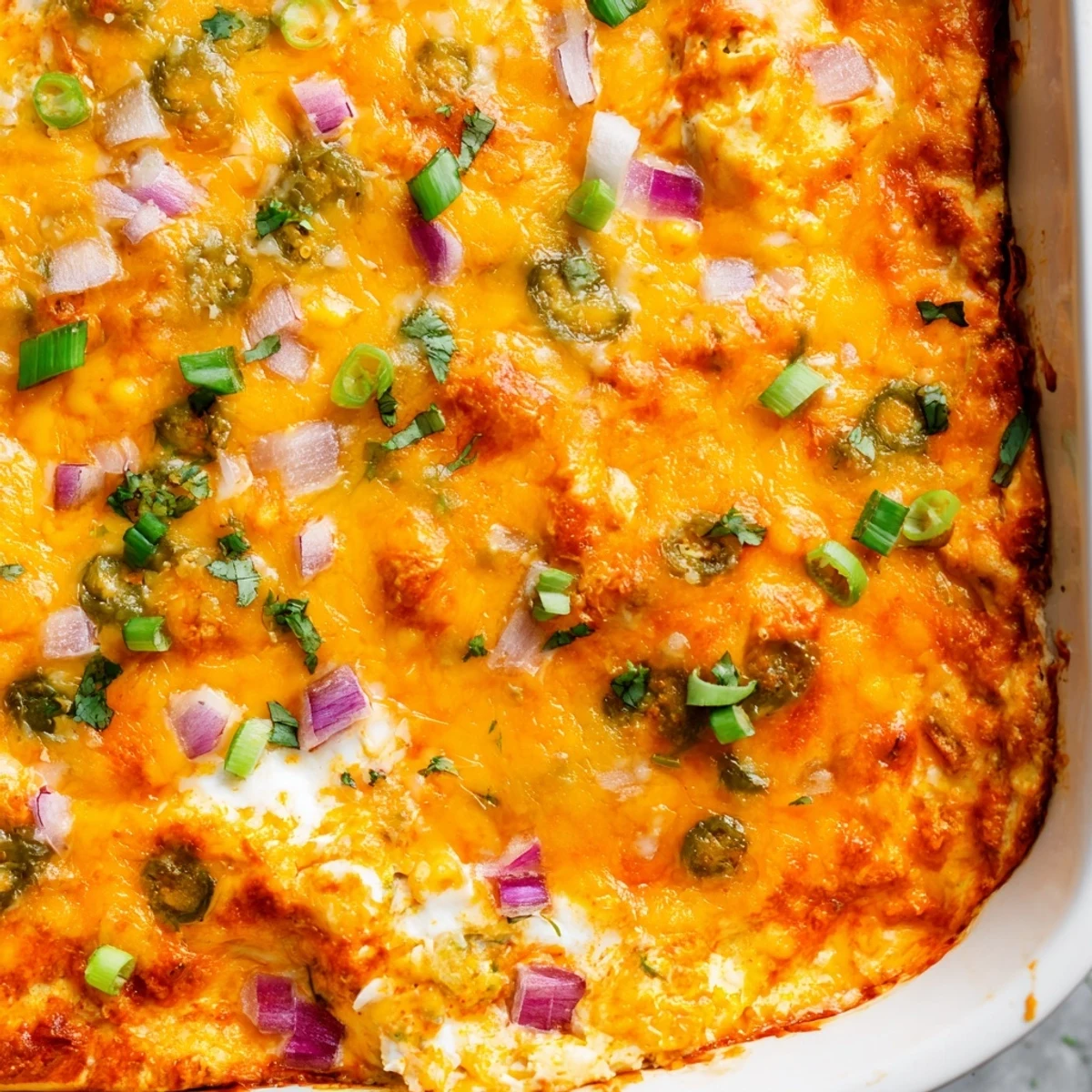 Creamy Jalapeno Buffalo Chicken Casserole topped with green onions and melted cheddar