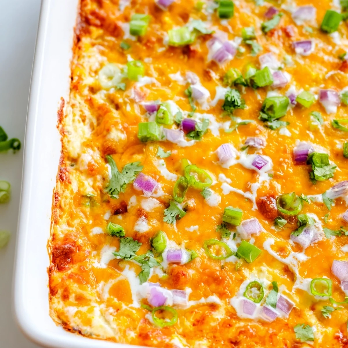 Golden bubbling Jalapeno Buffalo Chicken Casserole fresh from the oven with melted cheese