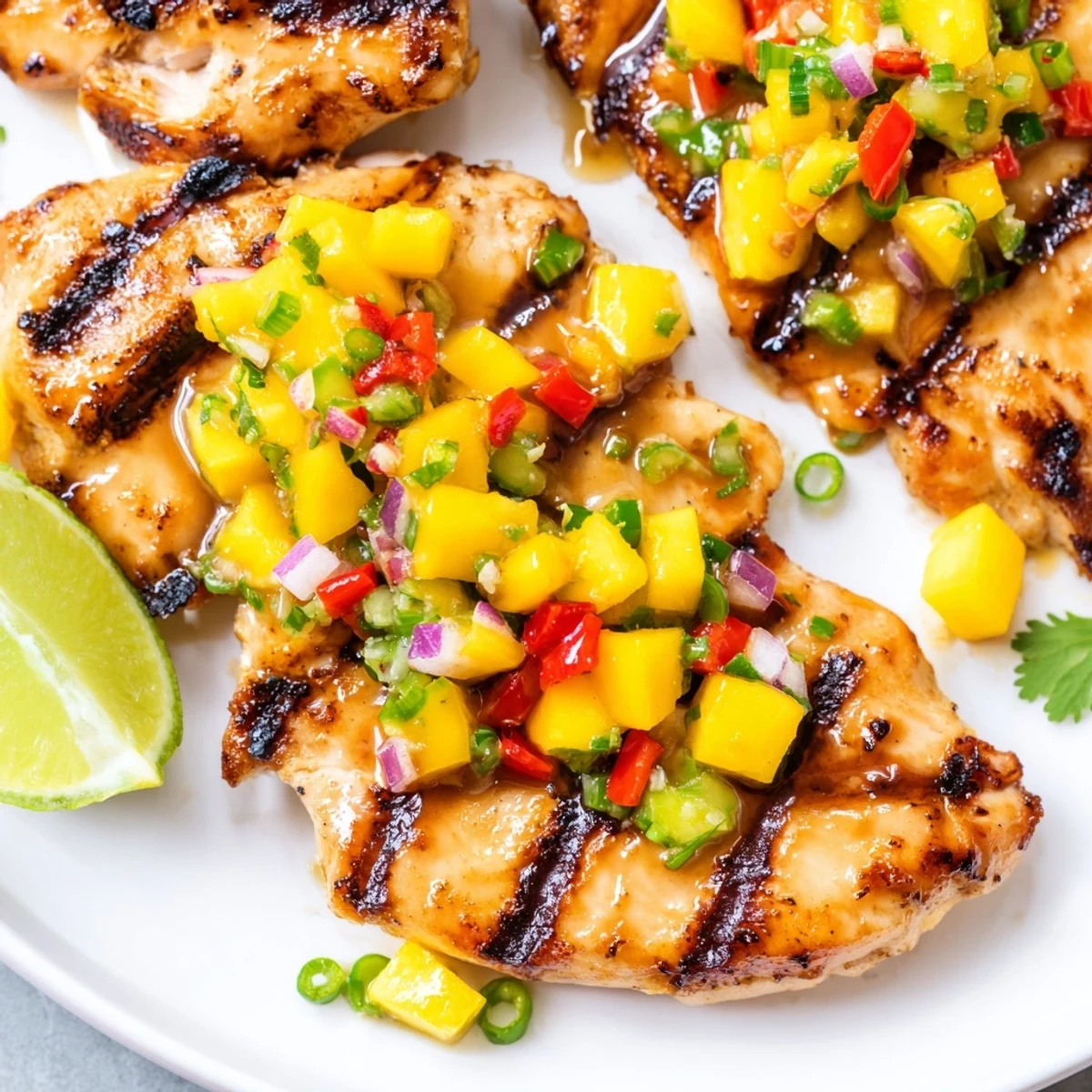 Juicy honey lime chicken with vibrant mango salsa garnished with fresh cilantro