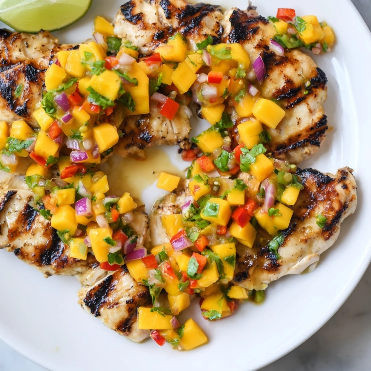 Grilled honey lime chicken topped with colorful mango salsa on a white plate