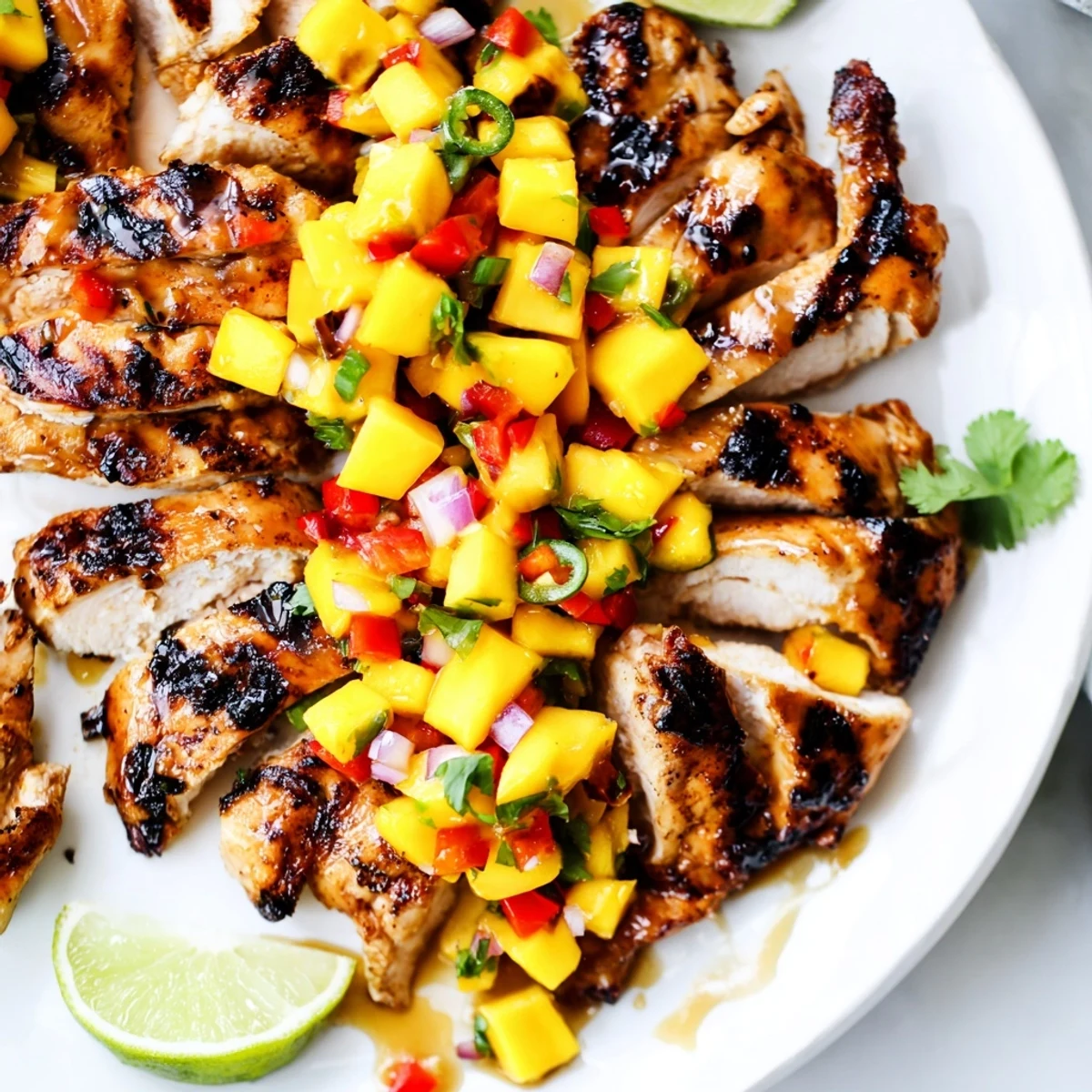 Sliced honey lime chicken breasts drizzled with sweet glaze beside tropical mango salsa