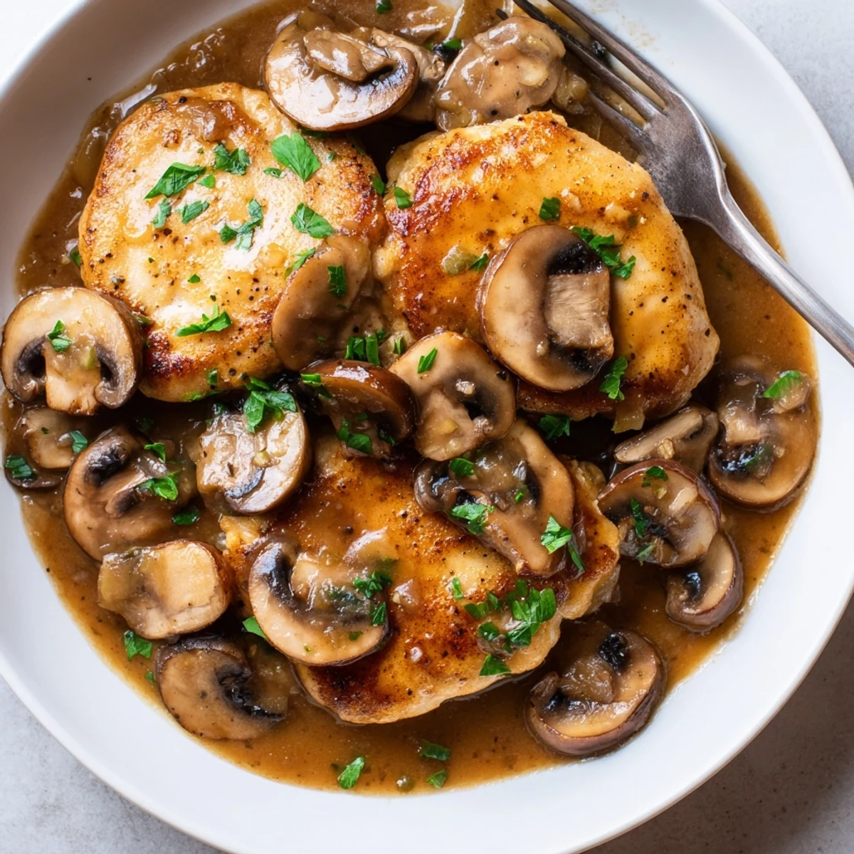 Golden pan-seared dairy free chicken marsala smothered in a savory mushroom wine sauce