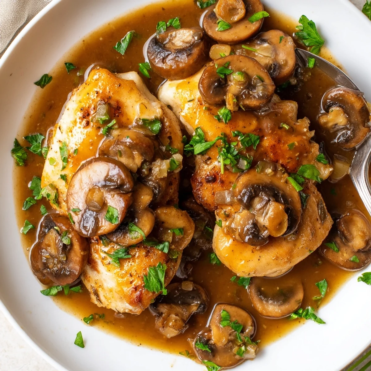 Tender breaded dairy free chicken marsala simmering in a rustic skillet mushroom sauce