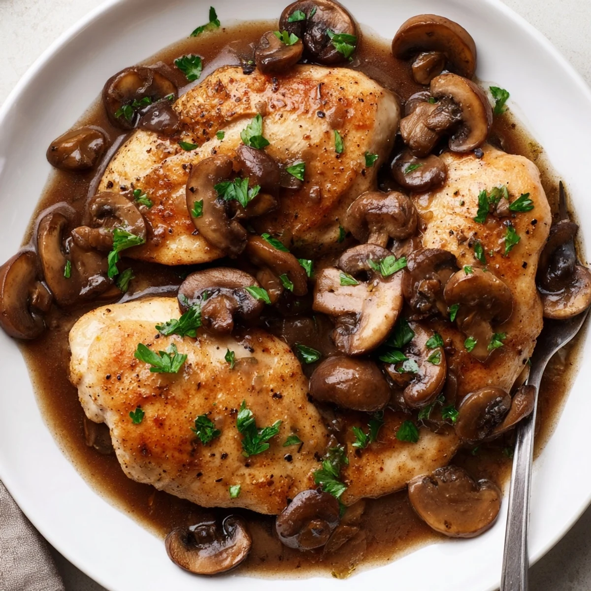 Creamy dairy free chicken marsala with caramelized cremini mushrooms in a rich Marsala glaze