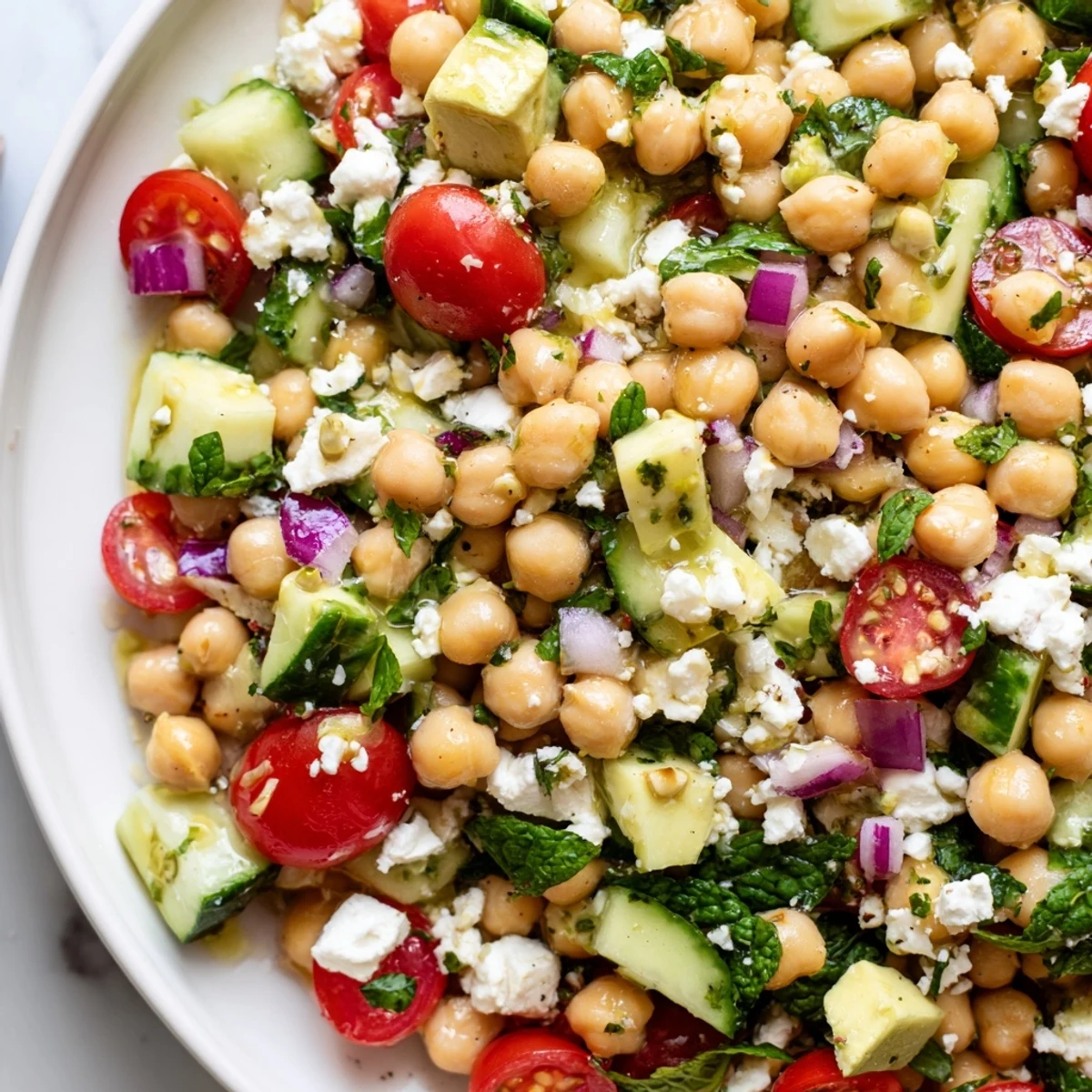 Creamy chickpea feta avocado salad in a rustic bowl with lemon dressing