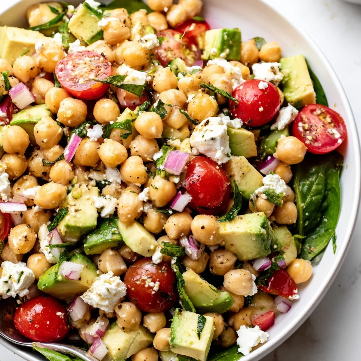 Chickpea feta avocado salad with cherry tomatoes, crisp cucumber, and crumbled feta