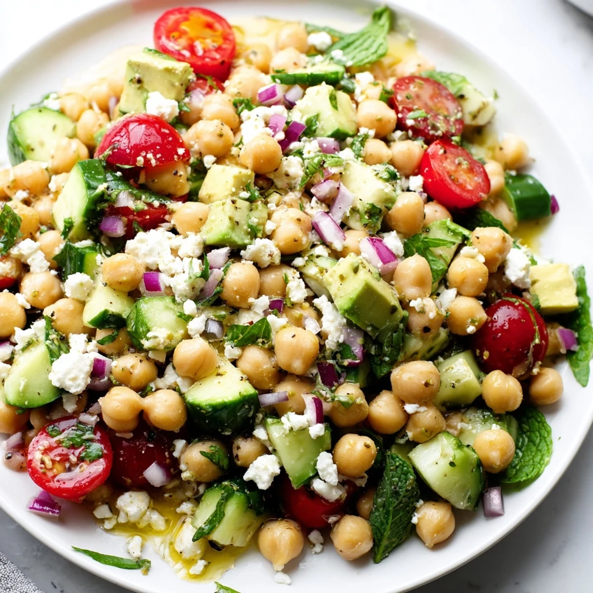 Vibrant chickpea feta avocado salad served over leafy greens with zesty herbs