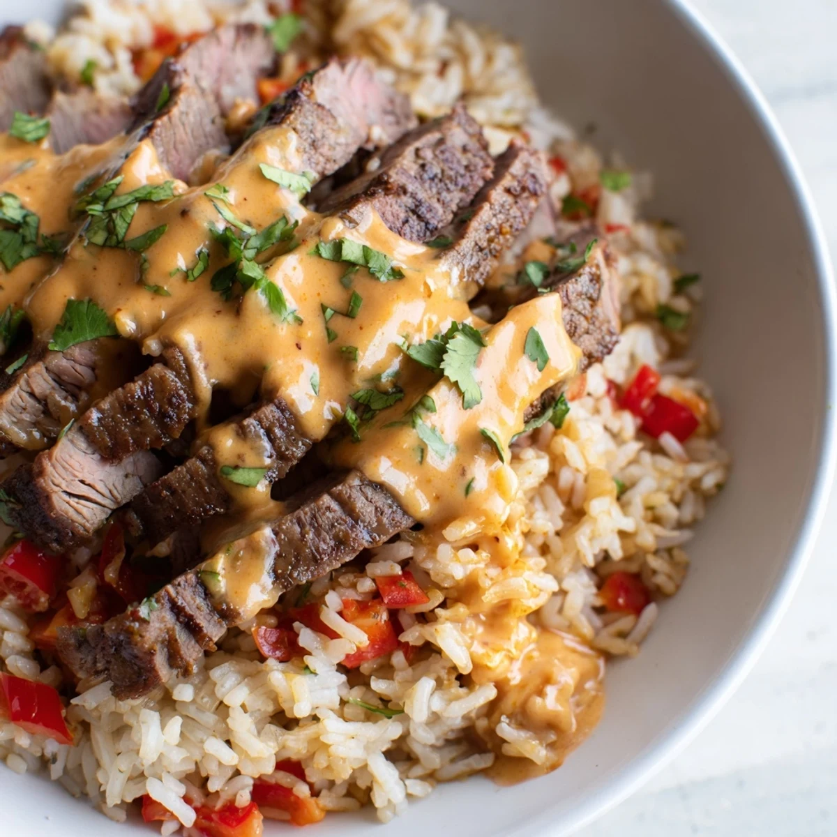 Creamy steak queso rice loaded with tender beef and melted cheese sauce