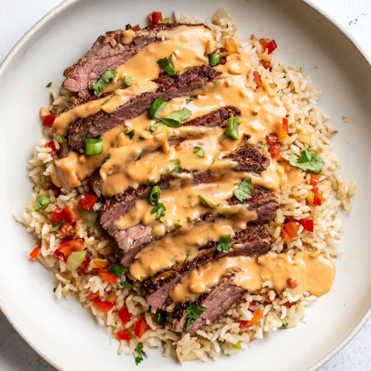 Steak queso rice topped with golden seared strips and warm queso drizzle