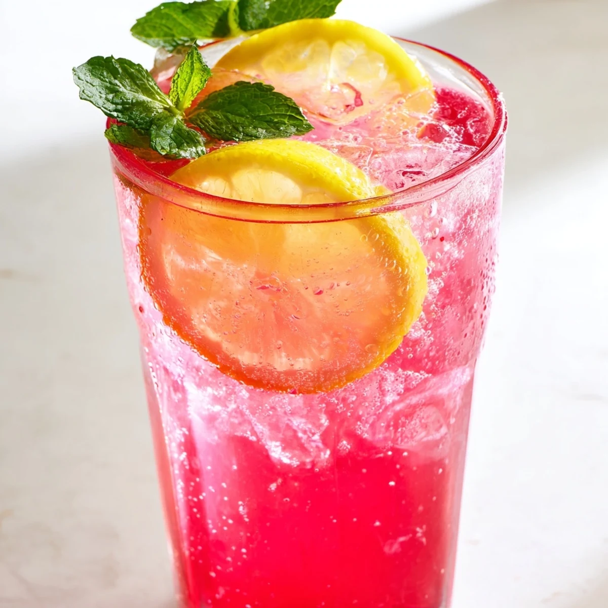 Bubbly Honey Lemon Pink Soda served over ice with fresh mint and lemon slices