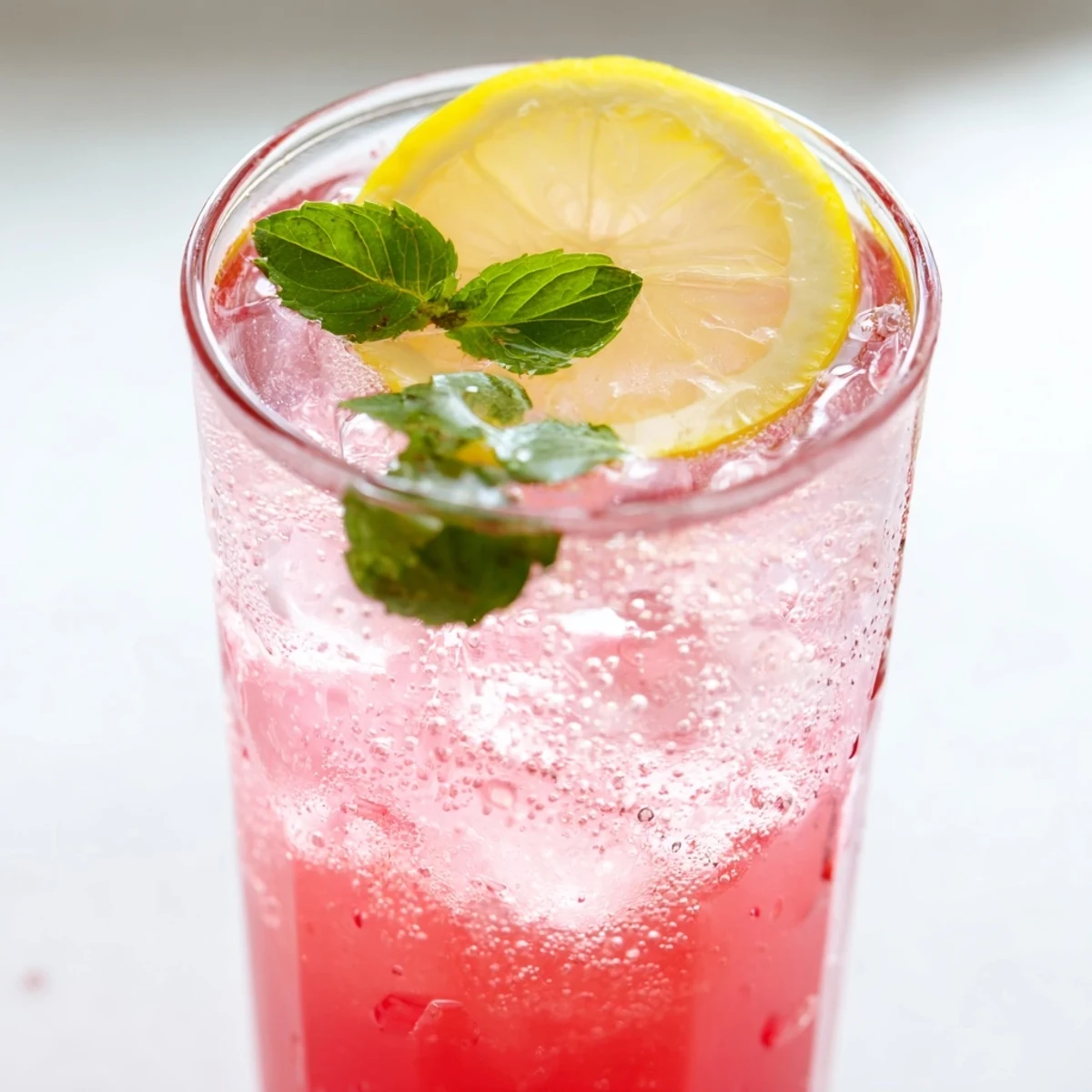 Sparkling Honey Lemon Pink Soda in tall glasses with raspberries and bright garnishes