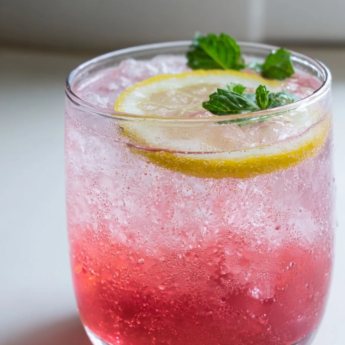 Refreshing Honey Lemon Pink Soda with a vibrant berry blush poured over crushed ice