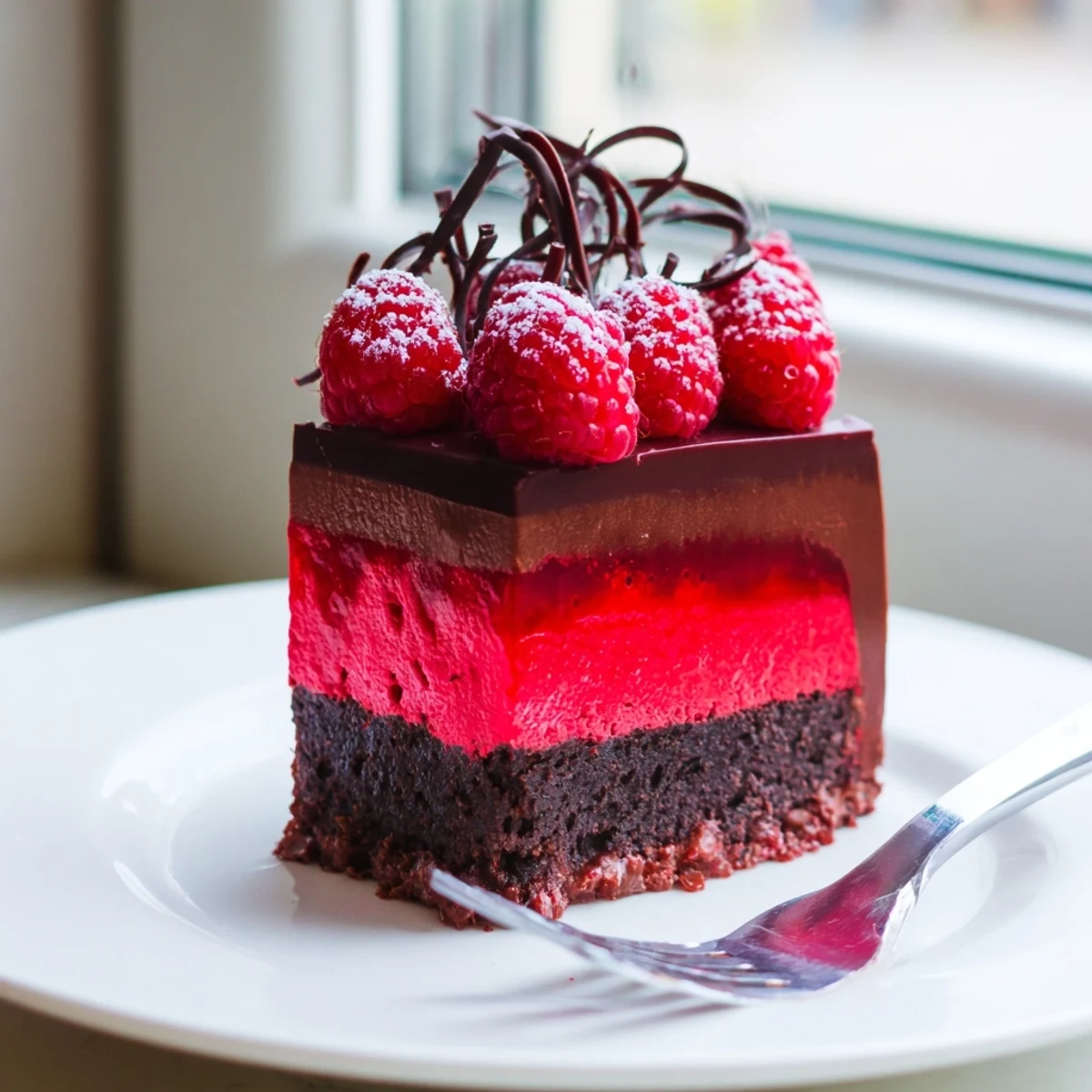 Silky chocolate mousse cake with a vibrant ruby raspberry layer, served on a elegant cake stand with powdered sugar.