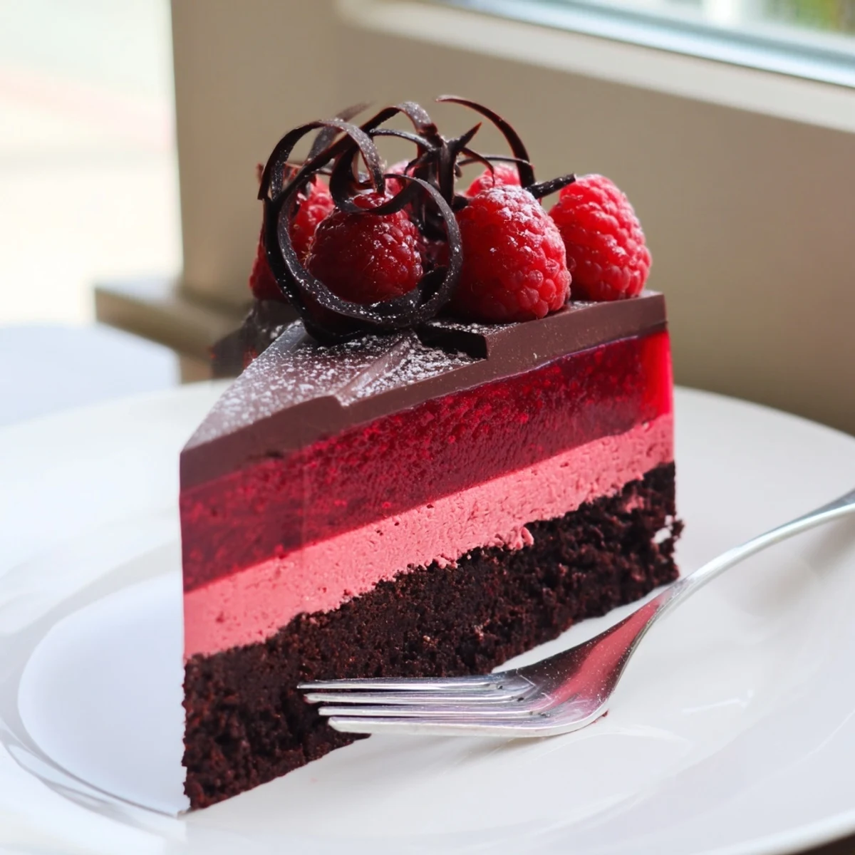 A glossy raspberry chocolate mousse cake slice topped with fresh berries and chocolate curls on a white dessert plate.