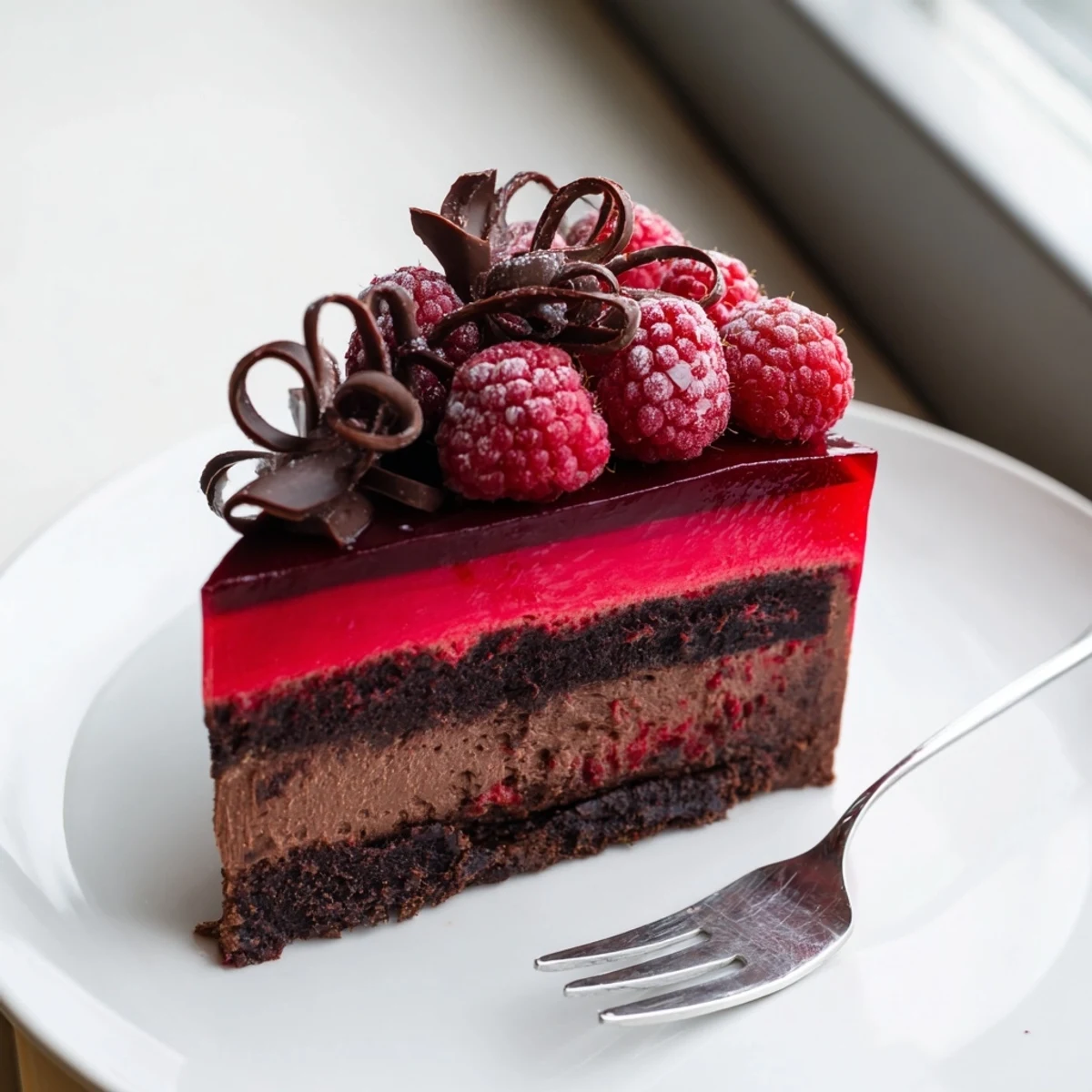 Decadent raspberry chocolate mousse cake showing three distinct layers of rich brown mousse, bright berry filling, and tender cocoa sponge.