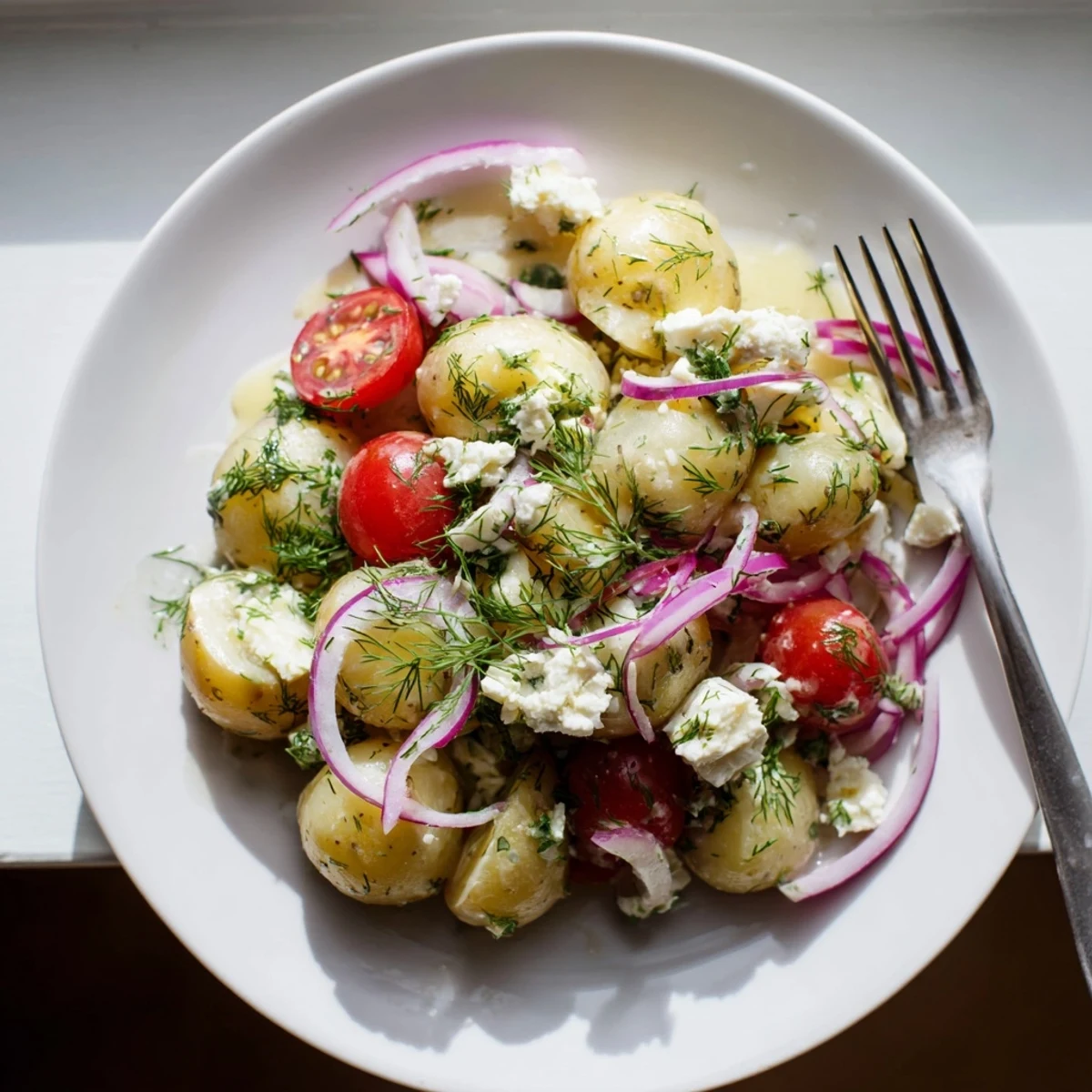 Creamy potato and feta salad topped with crumbled cheese and fresh herbs
