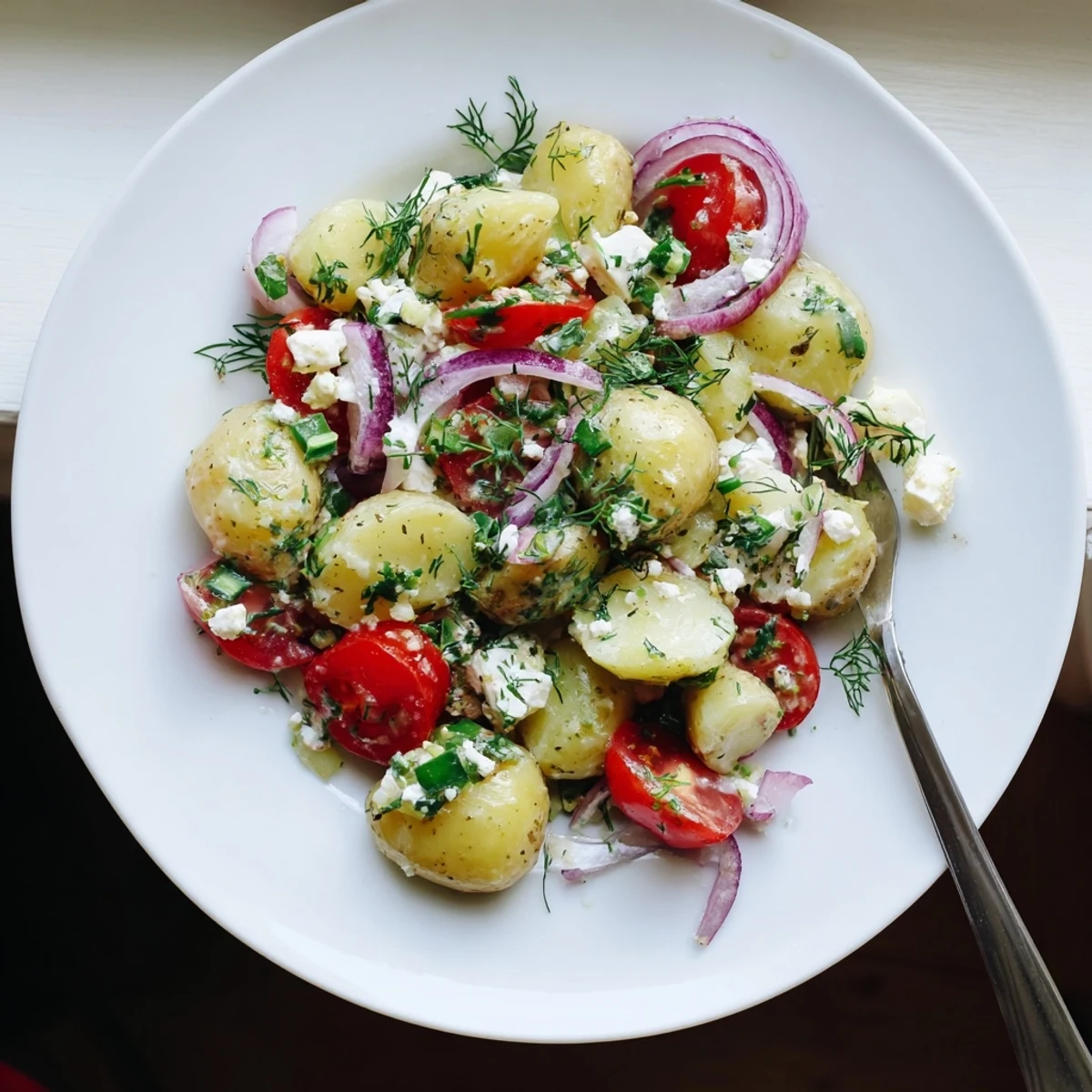 Warm potato and feta salad tossed with cherry tomatoes and lemon dressing