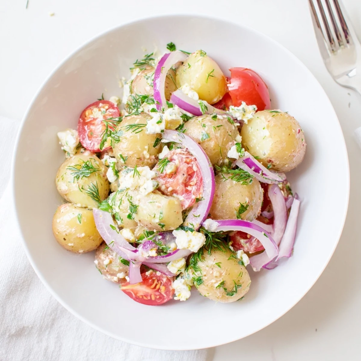Golden tender potatoes with crumbled feta, dill, and vibrant Mediterranean vegetables