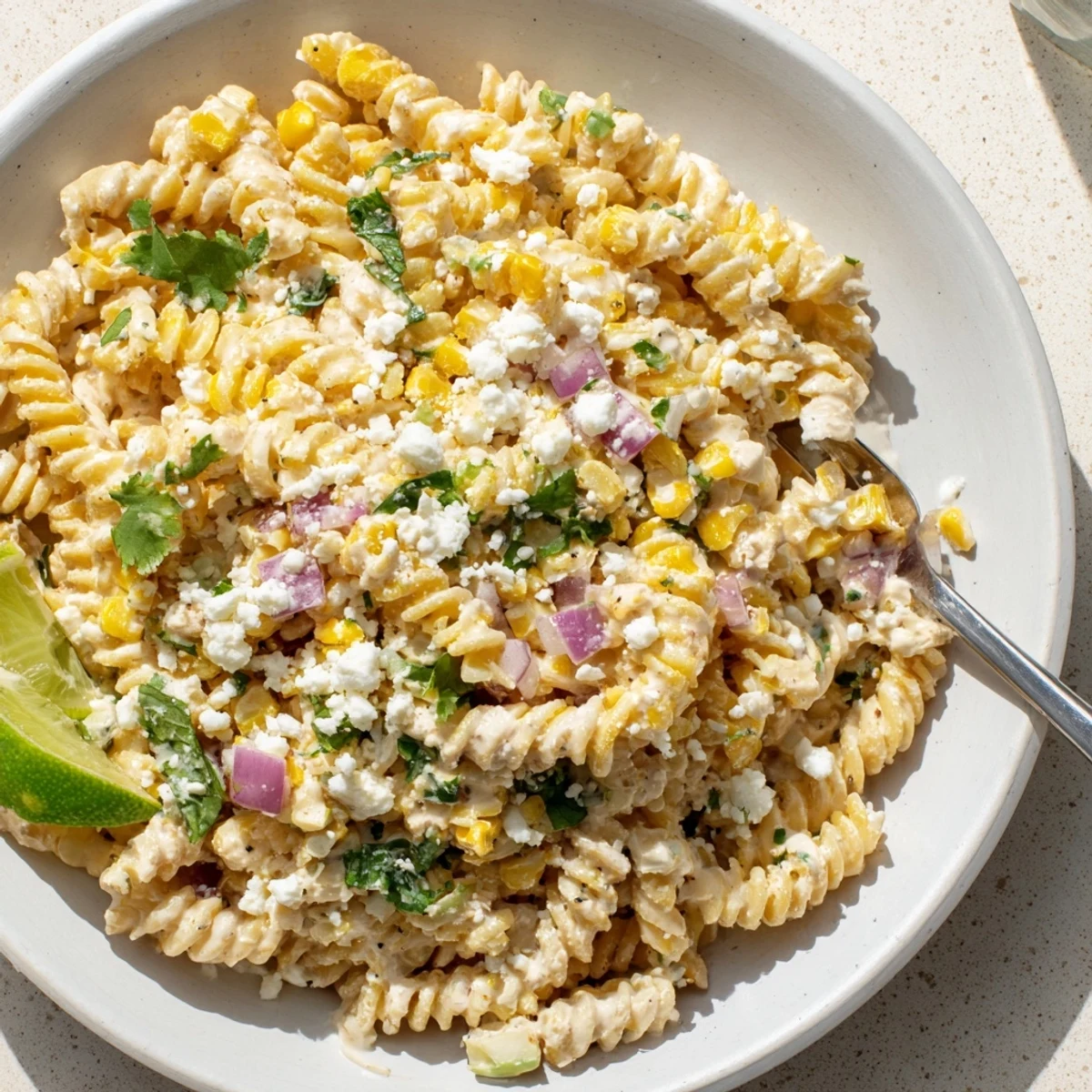 Creamy elote pasta salad topped with crumbled cotija cheese and fresh cilantro