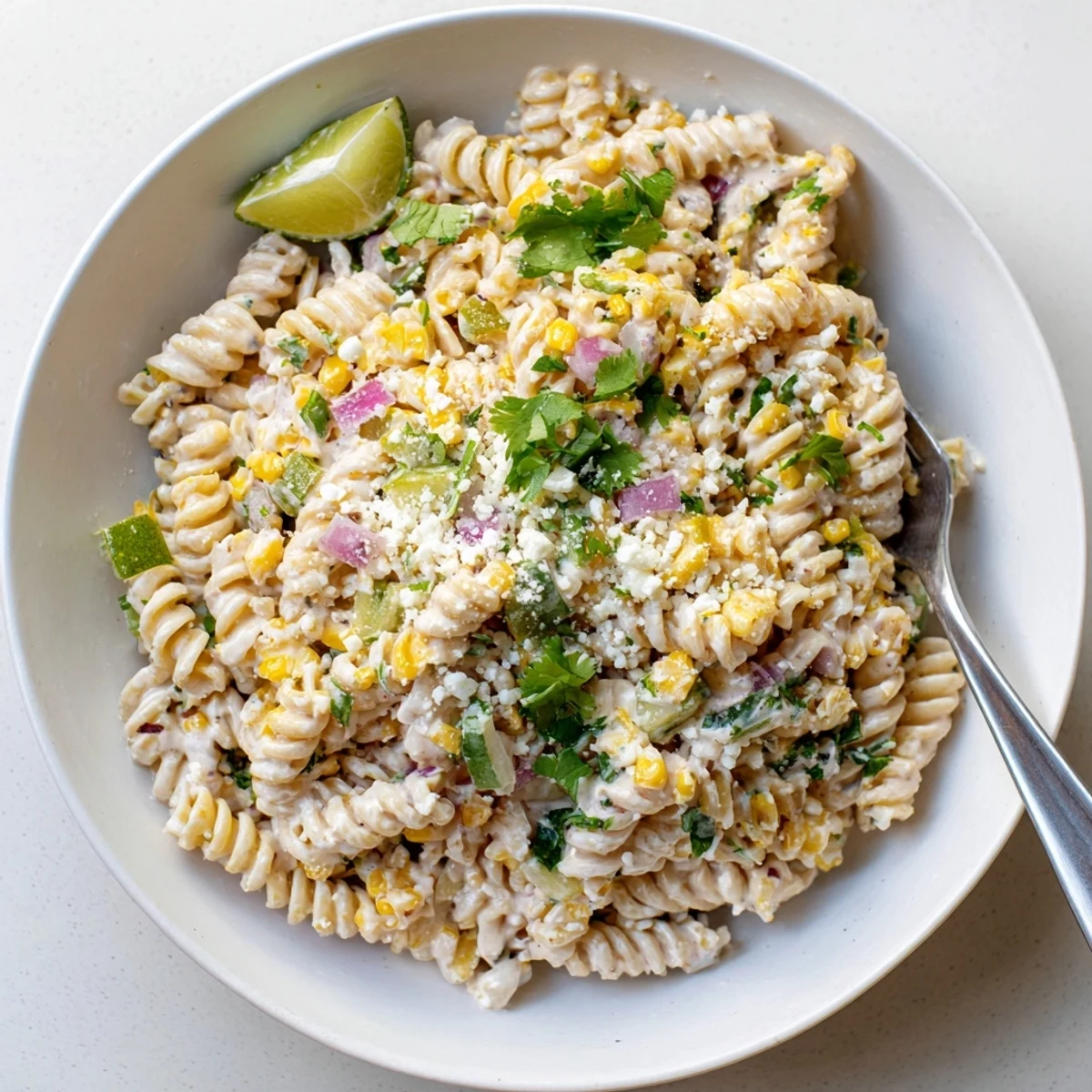Smoky grilled corn and tender rotini tossed in tangy elote pasta salad dressing