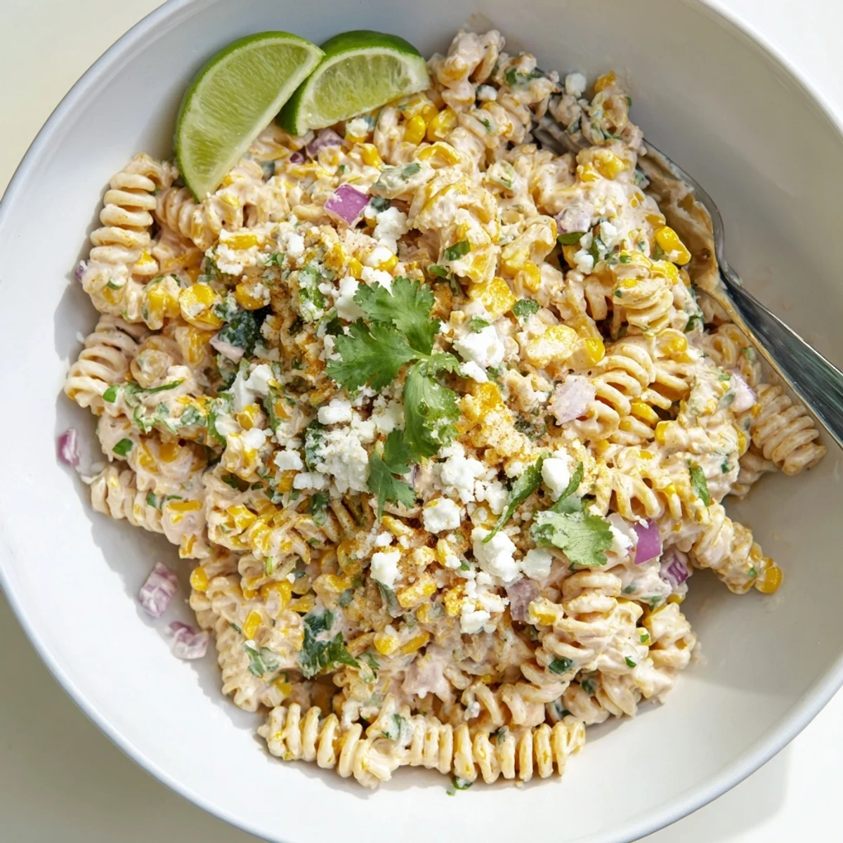 Vibrant elote pasta salad served in a bowl with lime wedges and chopped cilantro