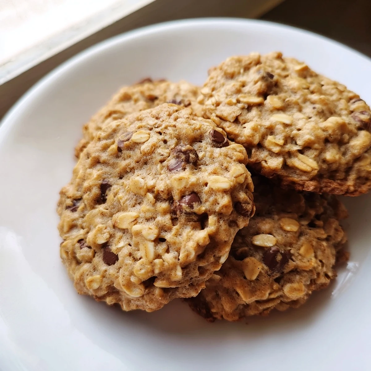 Rustic chewy banana oatmeal cookies piled on a plate for snacking