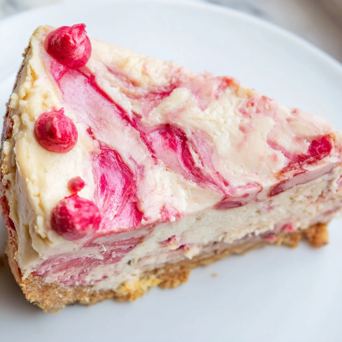 Creamy keto rhubarb cheesecake slice with a vibrant pink swirl on a rustic plate