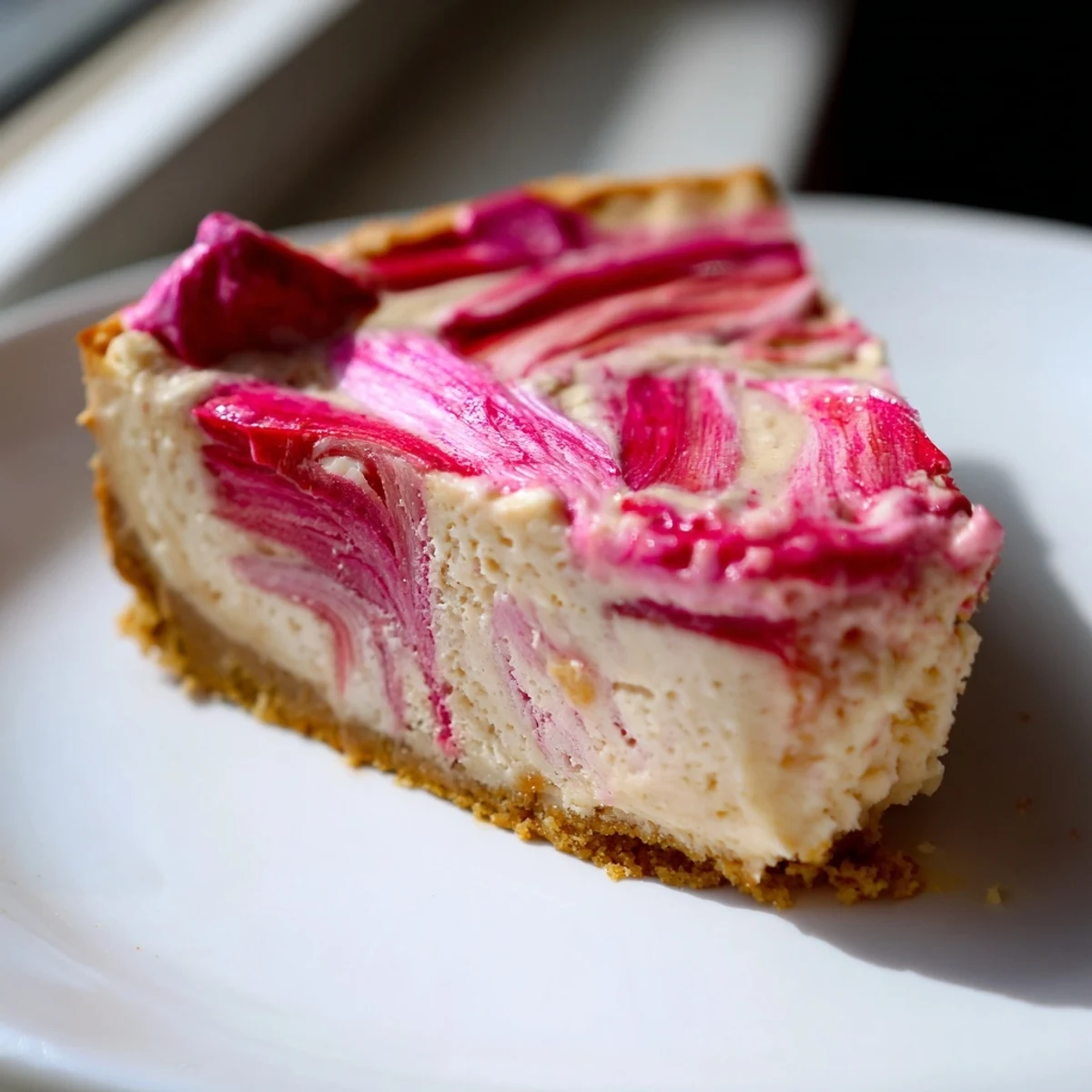 Tangy rhubarb compote rippled through a silky low-carb cheesecake topped with fresh mint