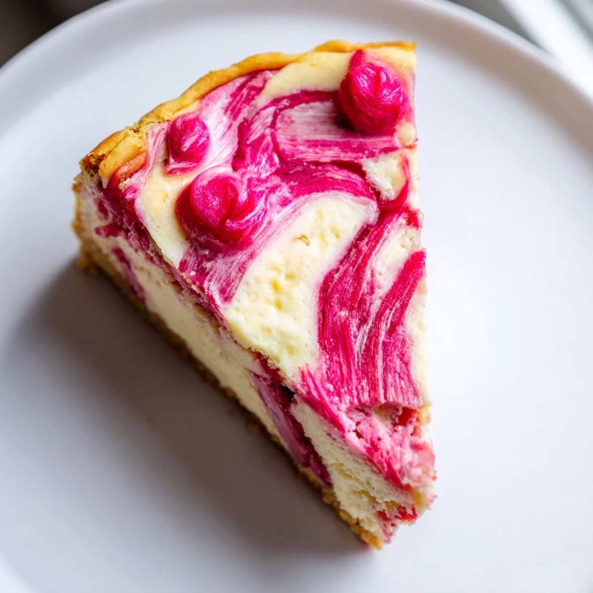 Golden almond flour crust cradles a luscious keto rhubarb cheesecake swirled with ruby streaks