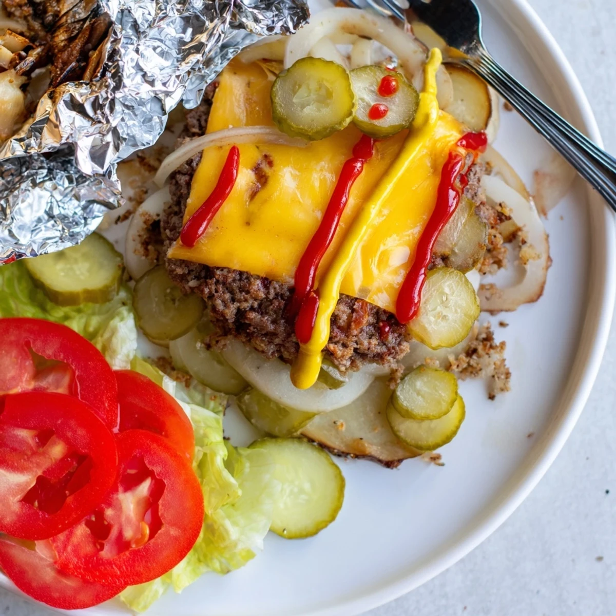 Smoky campfire cheeseburger hobo packets with melted cheddar over tender sliced vegetables