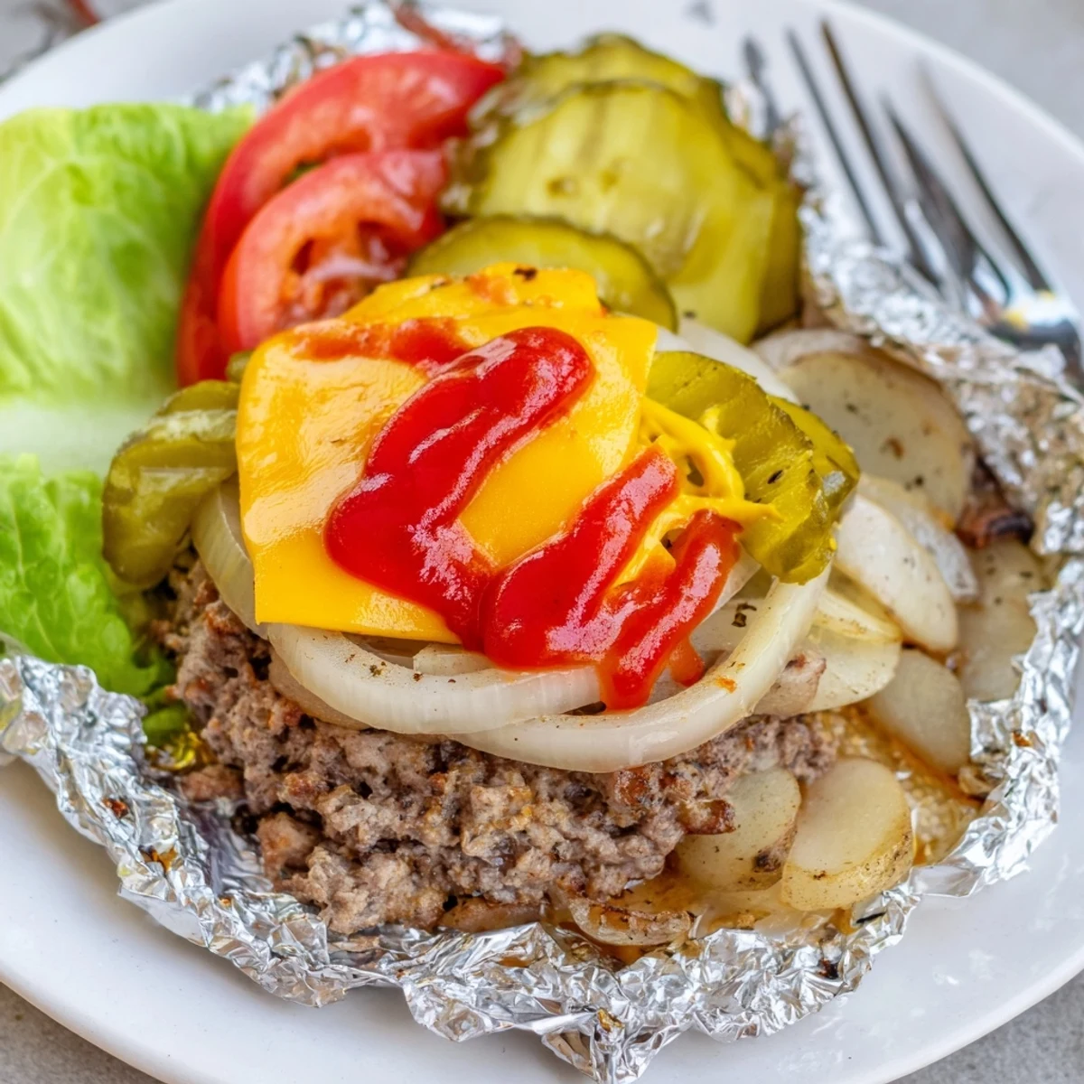 Juicy ground beef patty topped with gooey cheddar inside a foil hobo packet