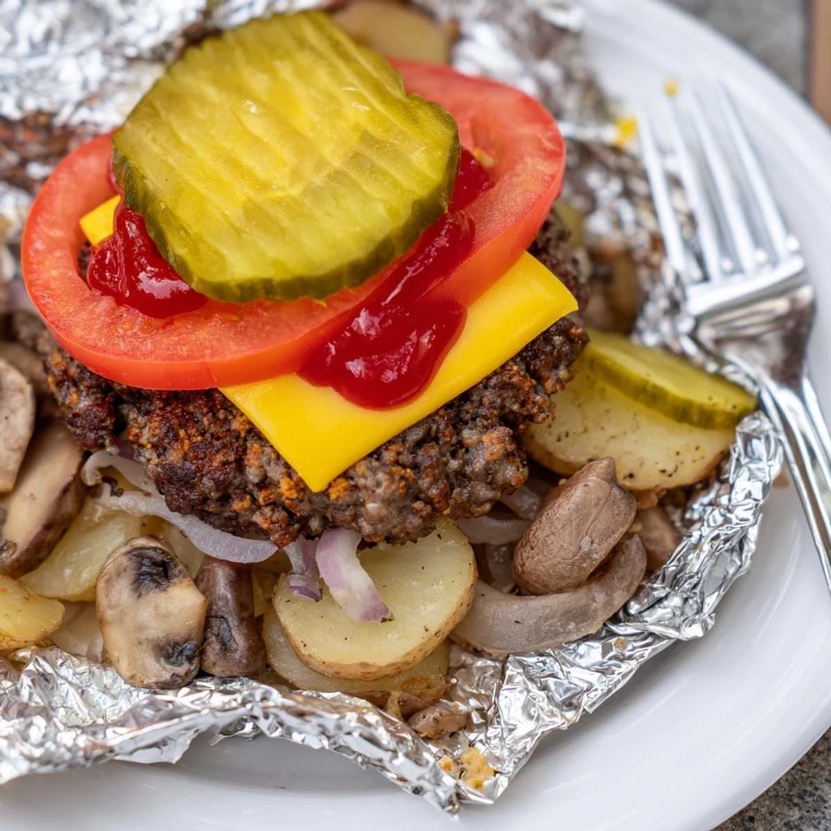 Campfire cheeseburger hobo packets served open with pickles lettuce and golden potato slices