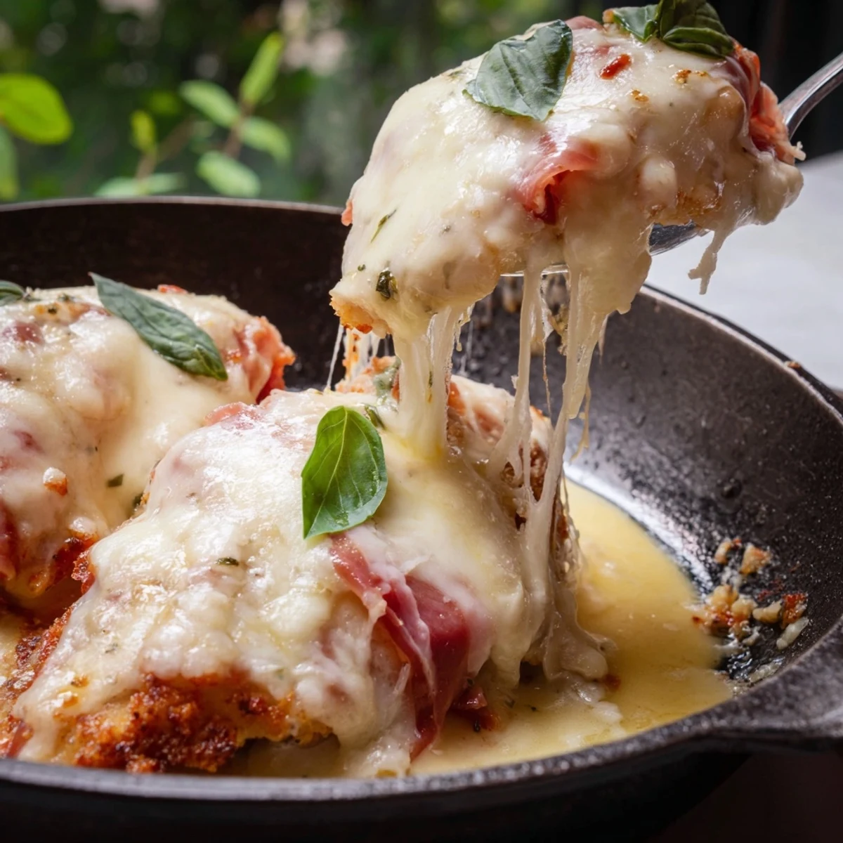 Golden chicken Valdostana topped with melted Fontina cheese and crispy prosciutto in rich tomato sauce