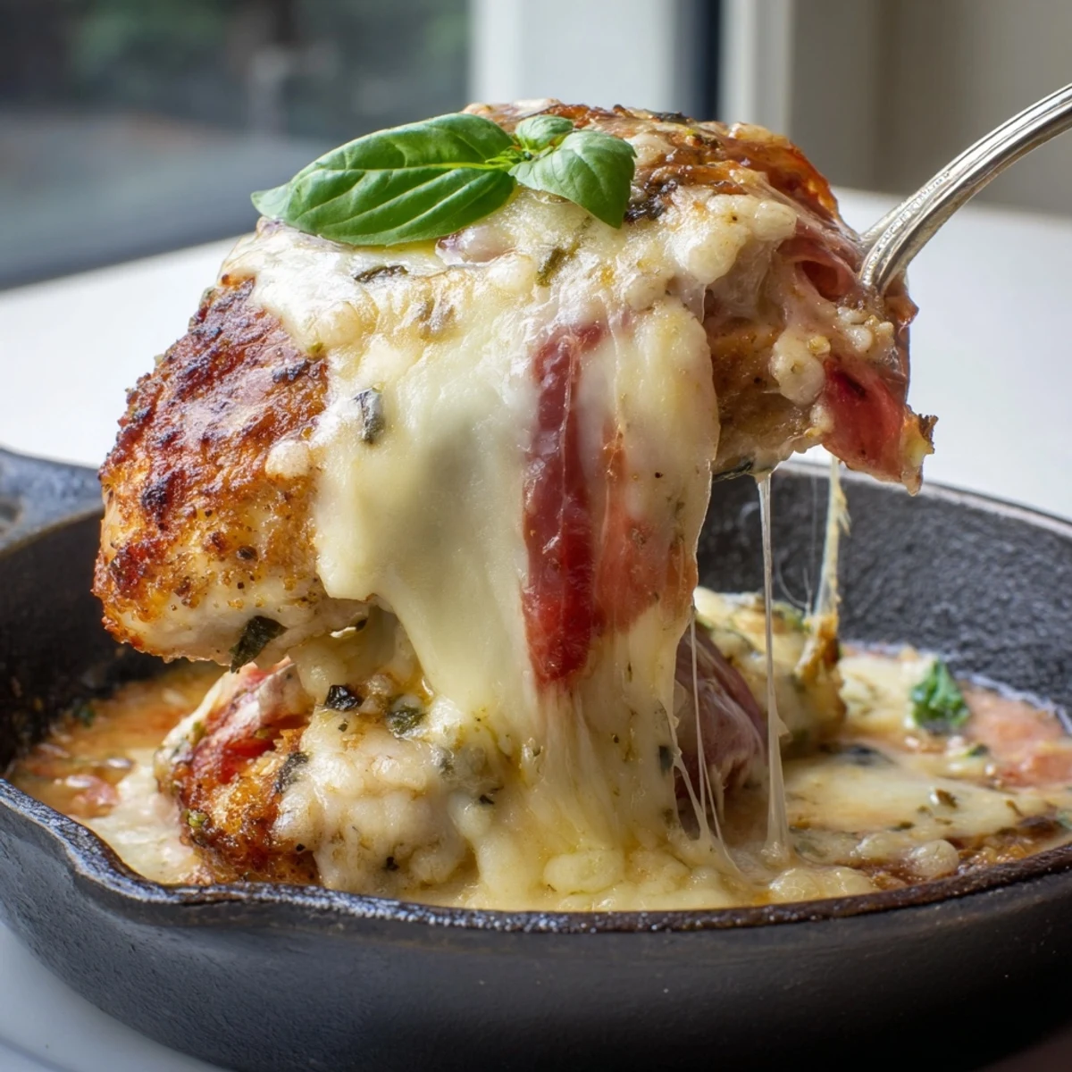 Tender chicken Valdostana bubbling with creamy Fontina and savory prosciutto over a white wine tomato sauce