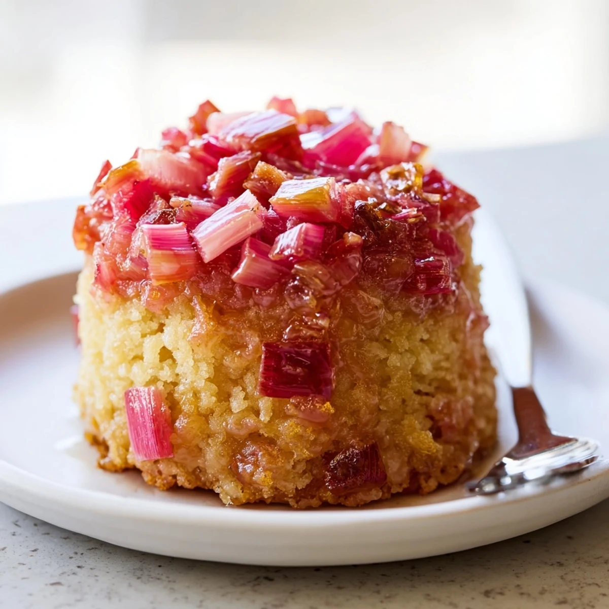 Golden upside down rhubarb muffins with caramelized pink fruit on a wire cooling rack