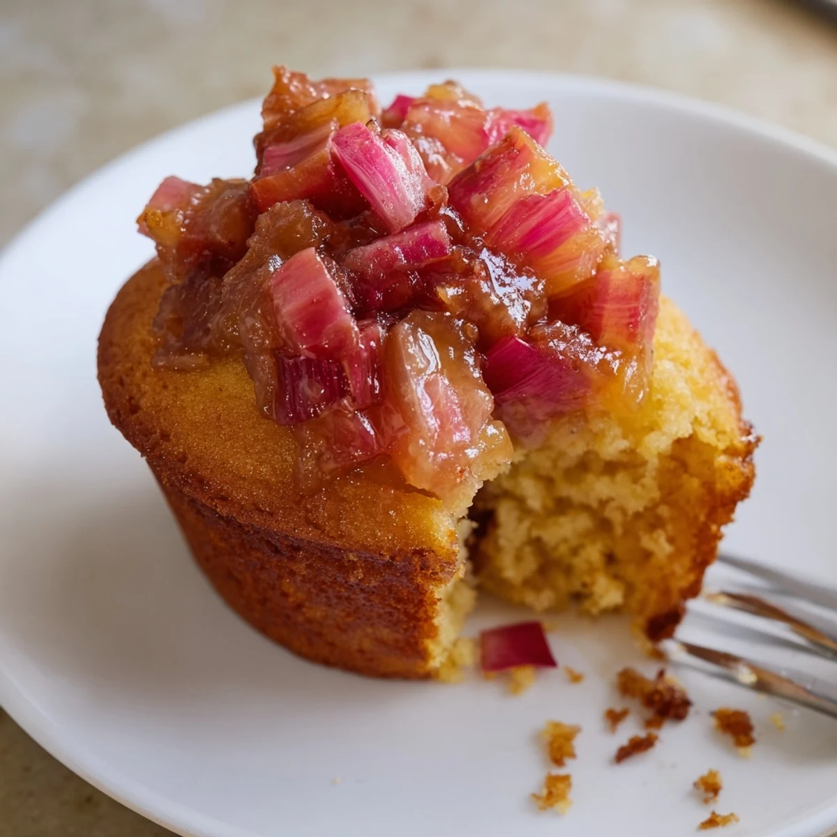 Moist upside down rhubarb muffins flipped to reveal glistening sweet-tart ruby red topping