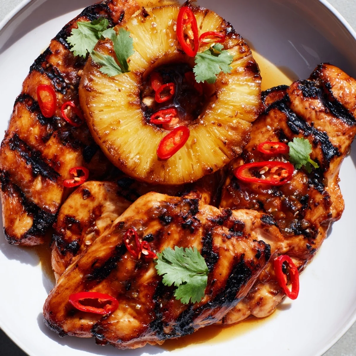 Chili Pineapple Grilled Chicken topped with caramelized pineapple rings on a smoky grill