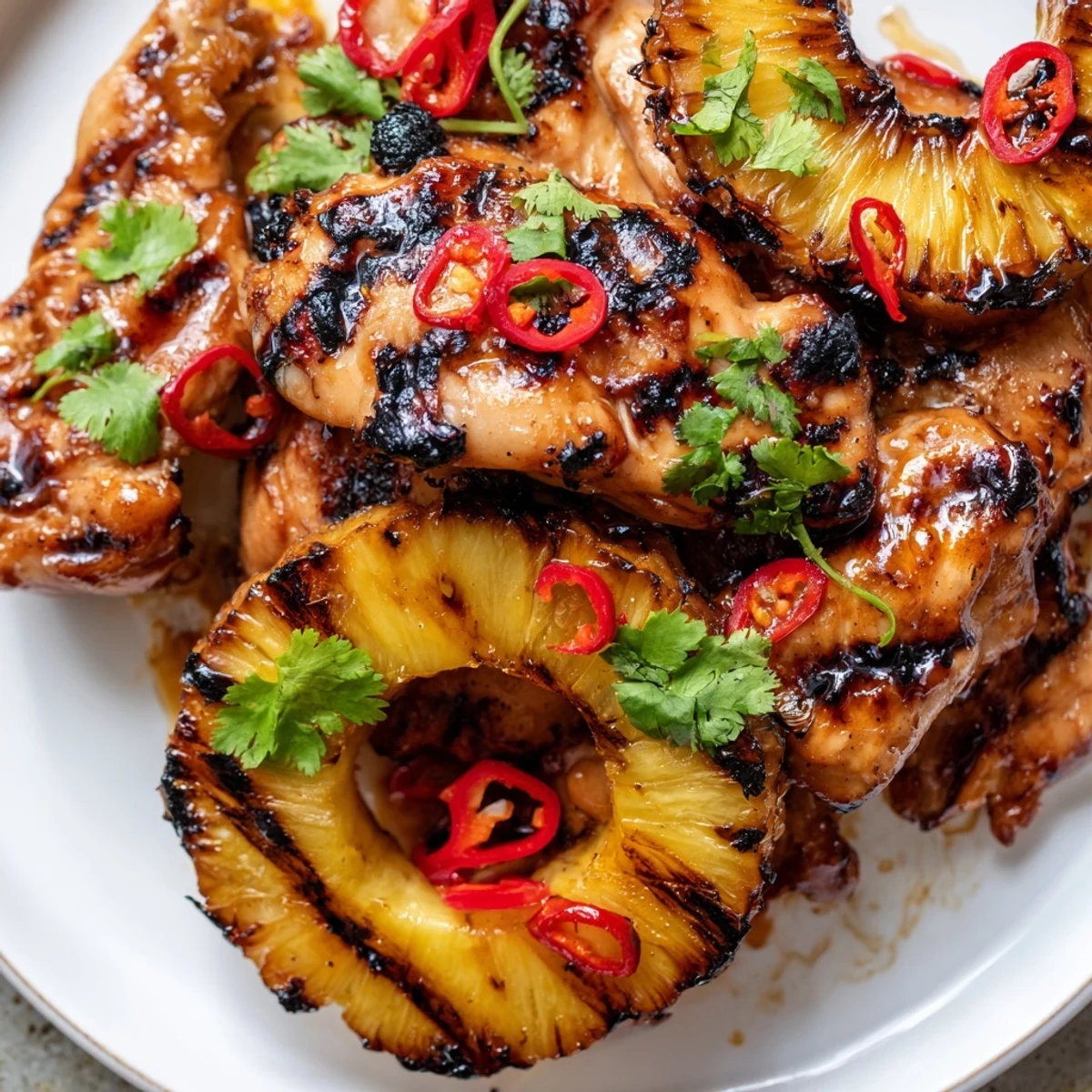 Juicy Chili Pineapple Grilled Chicken garnished with fresh cilantro and red chili slices