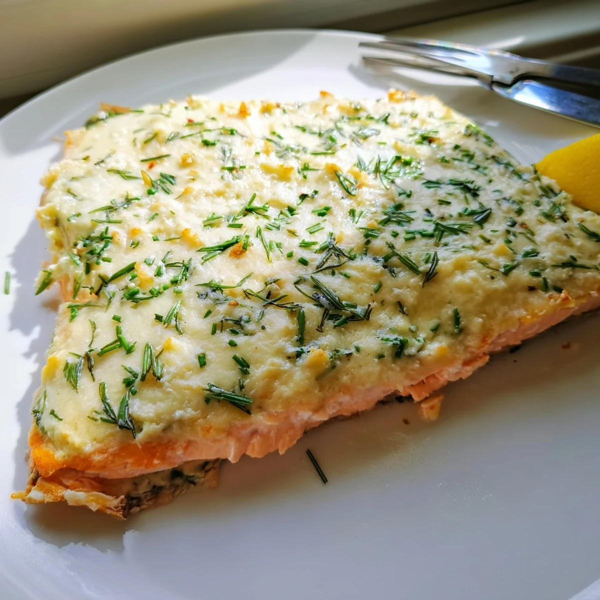 Boursin salmon topped with melted garlic herb cheese on a white plate