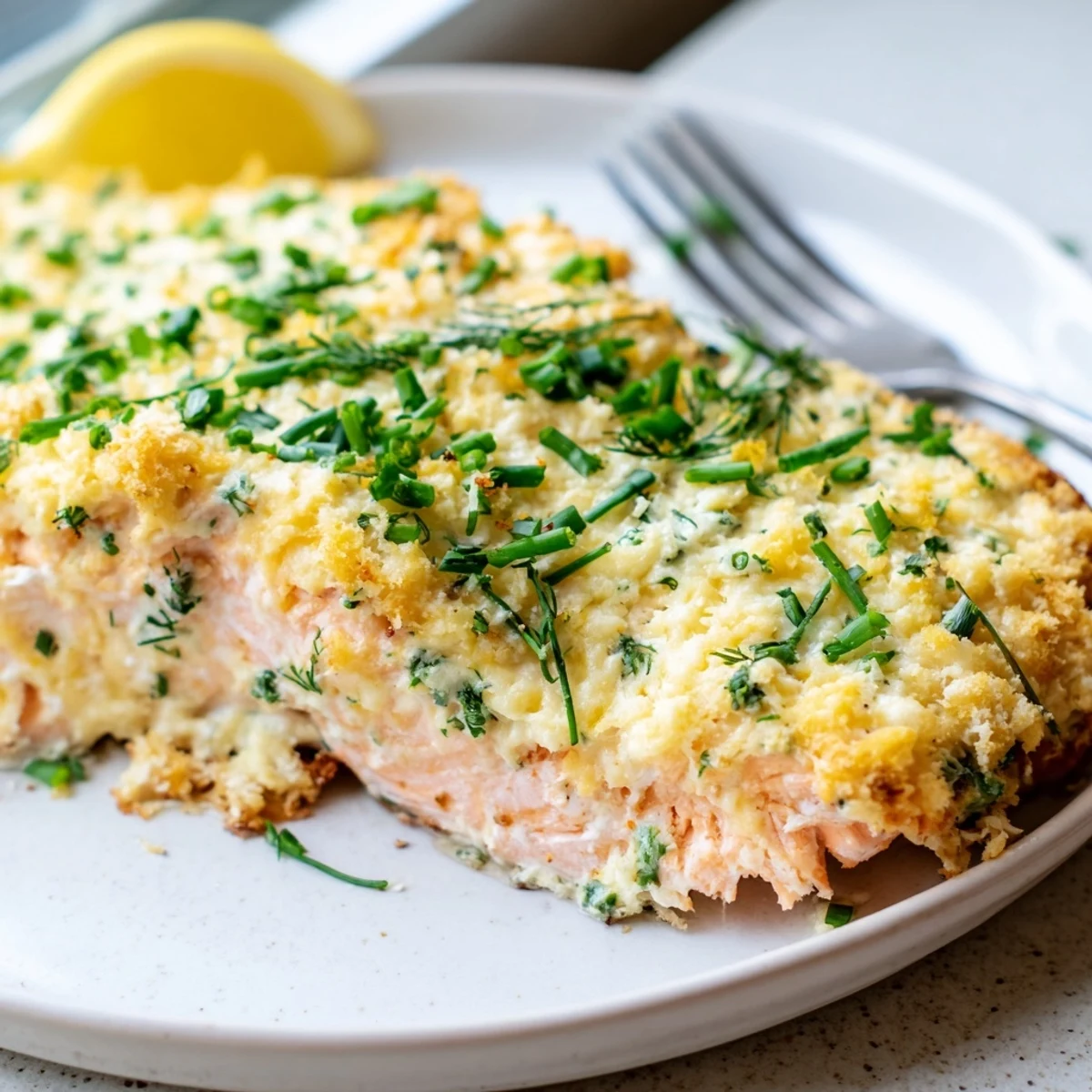 Perfectly baked Boursin salmon garnished with chives dill and bright lemon wedges