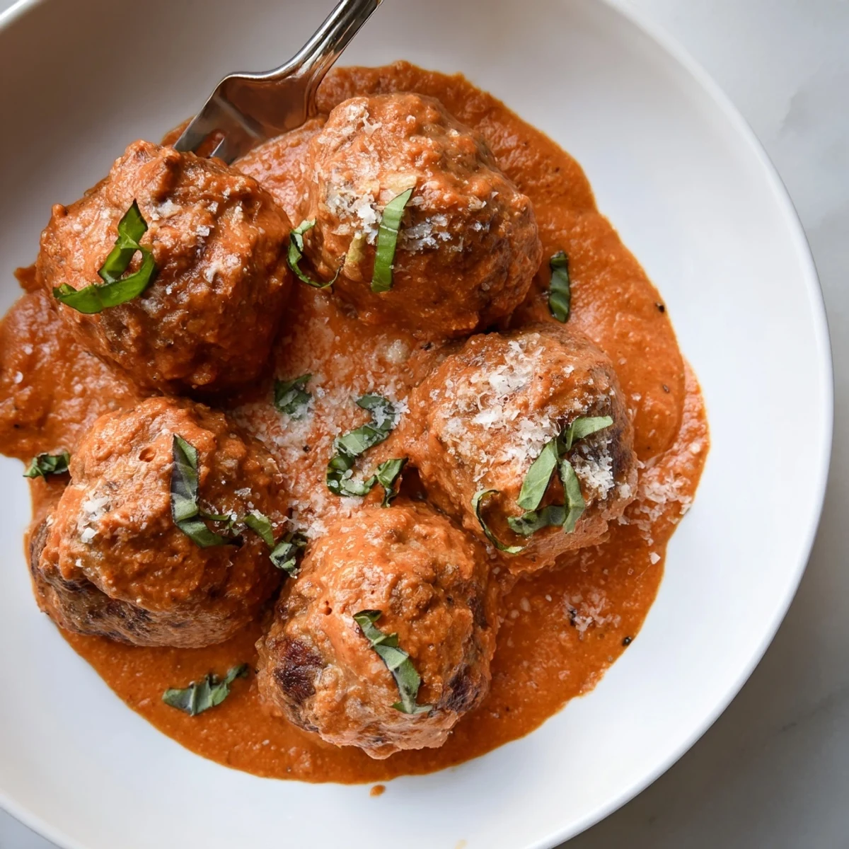 Golden creamy tomato basil meatballs nestled in a rich red sauce with fresh herb garnish