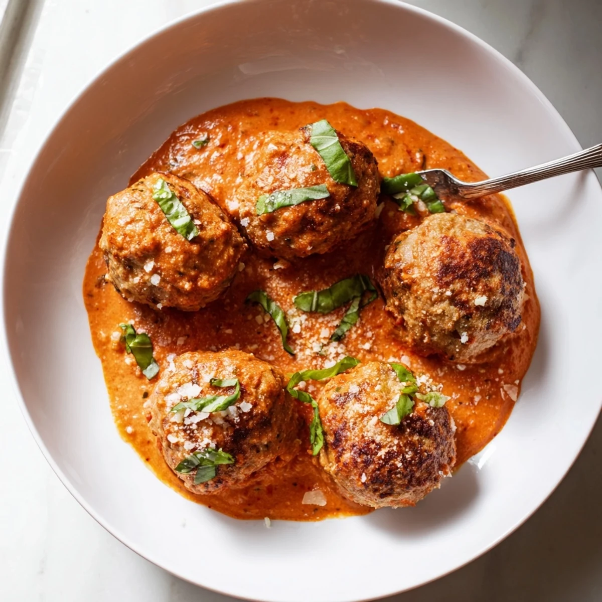 Juicy homemade creamy tomato basil meatballs swimming in a velvety Parmesan tomato basil sauce