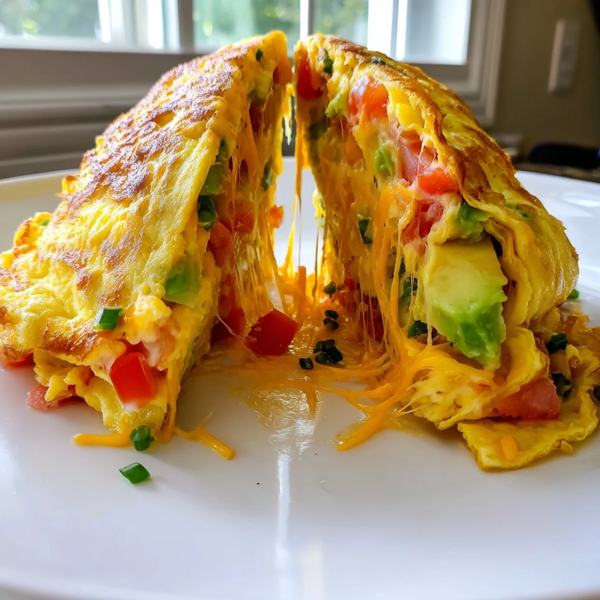 Folded avocado cheesy tomato omelette on a white plate with fresh chives