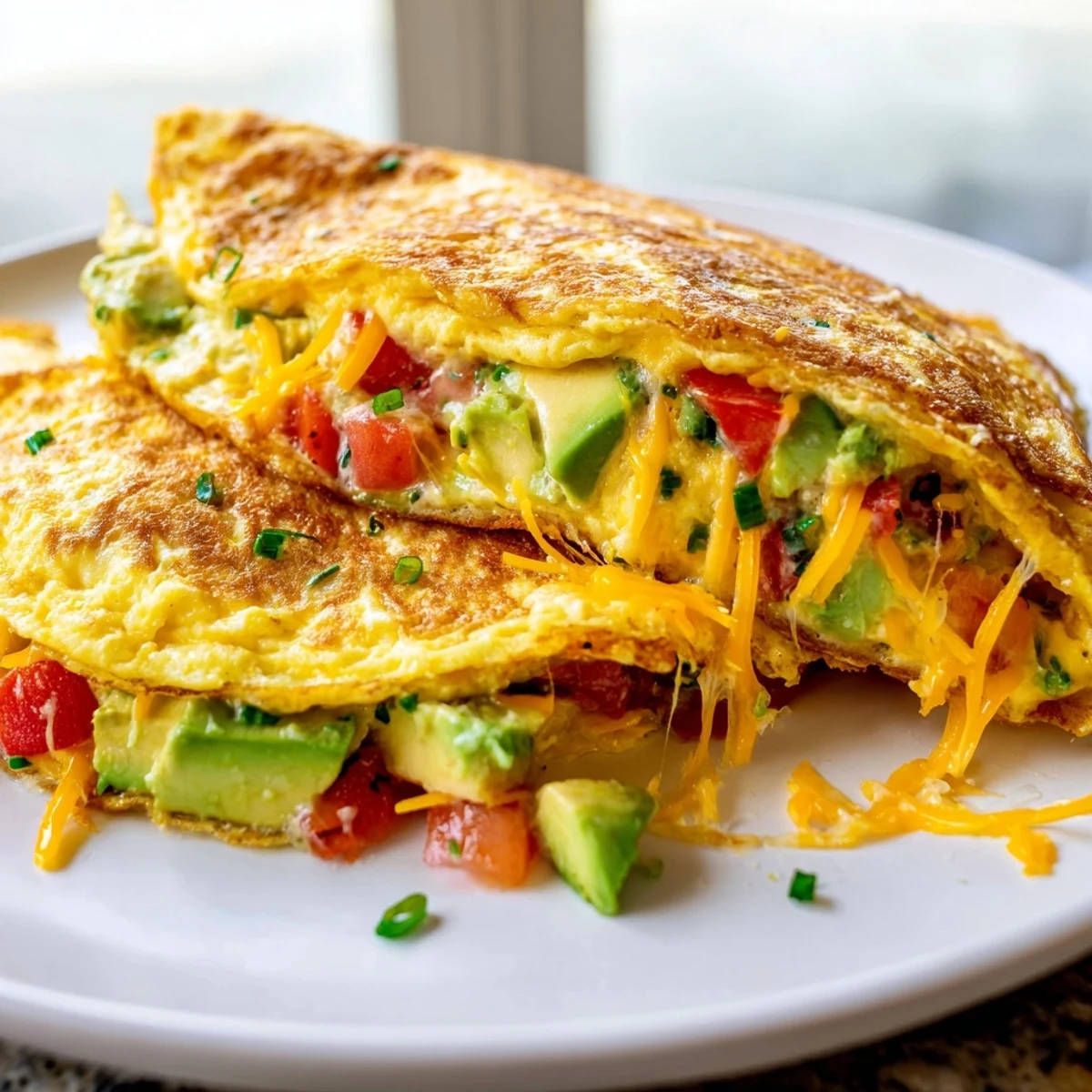 Golden creamy avocado cheesy tomato omelette with melted cheddar and diced tomatoes