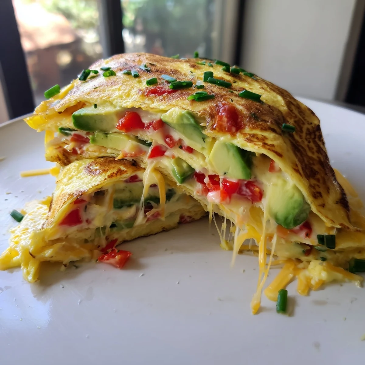 Creamy avocado cheesy tomato omelette cut open to reveal gooey cheese filling
